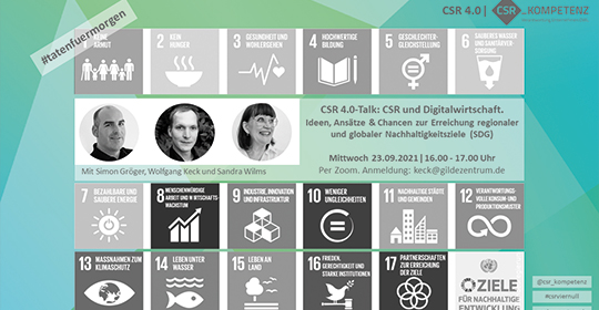 Einladung zum CSR 4.0-Talk - CSR und Digitalwirtschaft. Ideen, Ansätze & Chancen der Digitalwirtschaft zur Erreichung regionaler und globaler Nachhaltigkeitsziele (SDG) am 23.09.21 ǀ 16-17 Uhr